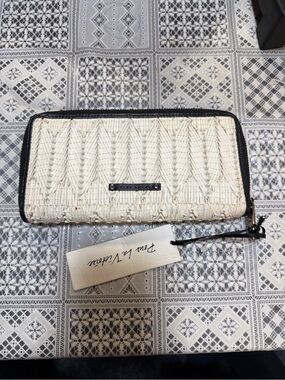 Pour La Victoire Cream Woven Zip-Around Wallet with Black Trim